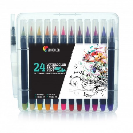 24 Rotuladores Acuarelables y 1 Aqua Brush de Zenacolor - Rotuladores Pincel con tinta acuarelable, a base de agua, no toxica