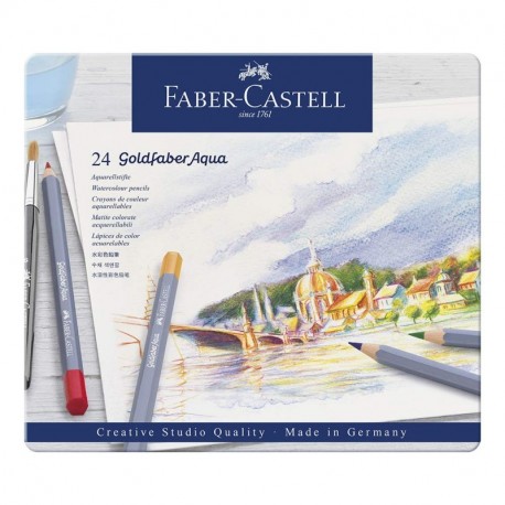 Faber-Castell 114624 - Estuche de metal con 24 ecolápices acuarelables hexagonales Goldfaber Aqua, colores surtidos