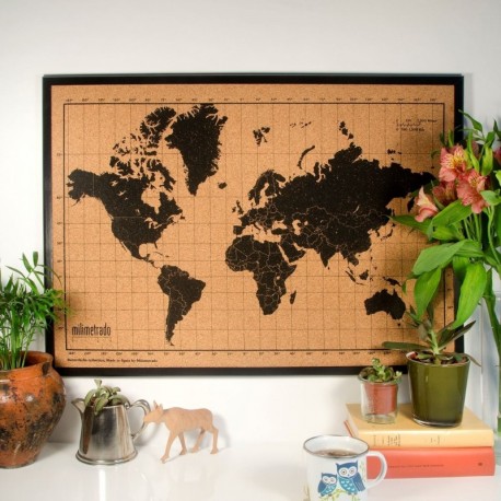 Milimetrado – Mapamundi de corcho con marco de madera de pino, en negro, 50 x 70 cm