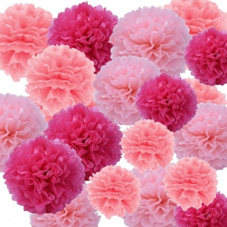 Sicai - Juego de 27 pompones de papel de seda colgantes para decorar bodas o fiestas de cumpleaños, de color fucsia, rosa cla