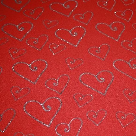 PACK DE 10 GOMA EVA CON PURPURINA ESTAMPADA 40X60 ROJA CON CORAZONES PLATA