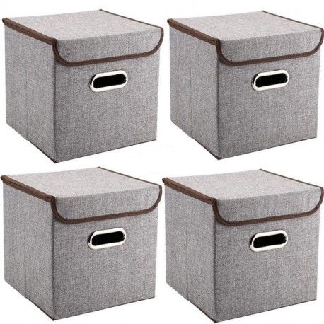 MEELIFE Cajas de Almacenamiento 4-Pack Tejido de Lino Cubos de Almacenamiento Plegables Cajas con Tapa y Asas Caja organizad
