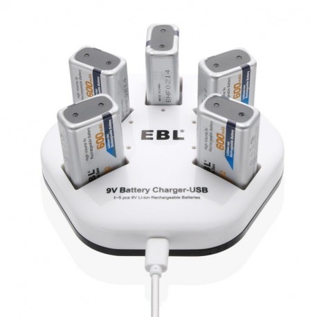 EBL Cargador de 9V Batería Recargable para 1-5 Unidades 9V Pilas Recargables de Litio Individualmente, Entrada USB DC:5V/2A 