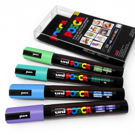 Uni Posca - PC-5M - Juego de rotuladores de colores, para pintar, 4 unidades, en estuche de plástico, tonos pastel fríos