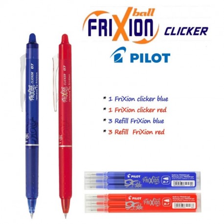 Pilot - FriXion Ball Clicker – 2 Bolígrafos Retráctiles Borrables , Colores Azul y Rojo- 3 Recambios Azul y 3 Recambios Rojo