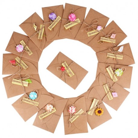 16x Sobres Tarjeta de Felicitación Kraft Marrones Vintage con Flores Secas 17,5x11cm para Navidad Boda Regalo Cumpleaños Fi