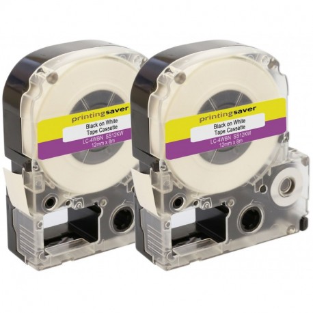 2 Compatibles LC-4WBN SS12KW 12mm x 8m Negro sobre Blanco Cintas para impresoras de etiquetas Epson LabelWorks LW-300 LW-300L