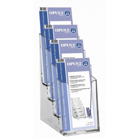 OPUS 2 350102 - Porta-folletos de sobremesa, poliestireno reciclable, con 4 compartimentos, para 1/3 A4