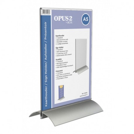 OPUS 2 350061 - Soporte para folletos, acrilico Transparente y base de aluminio, para A5 vertical