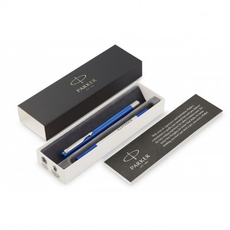 PARKER Vector rotulador roller, color azul con adorno cromado, punta mediana, tinta azul, en estuche de regalo