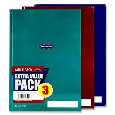 Premier papelería A4 160 página tapa dura – Cuaderno de anillas, varios colores Pack de 3 