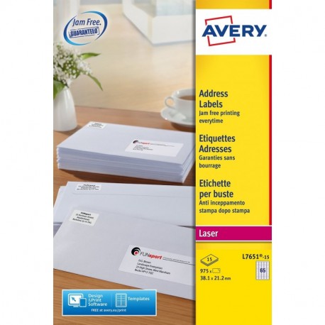 Avery España L7651-15 - Pack de 975 mini etiquetas blancas para impresoras láser, 38.1 x 21.2 mm