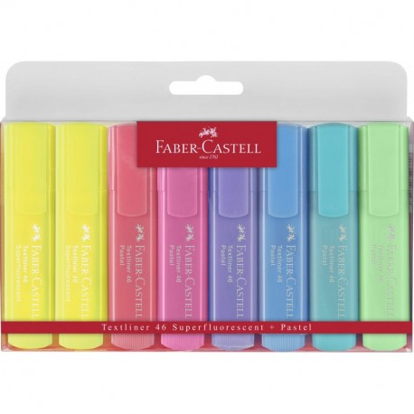 Faber-Castell 154681 - Estuche con 8 marcadores fluorescentes tonos pastel y 2 marcadores amarillos con tonalidad normal Text