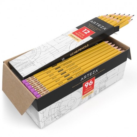 Caja de lápices con goma de borrar Arteza - Pack de 96 lapiceros de madera preafilados del nº2 2 HB con borrador libre de l