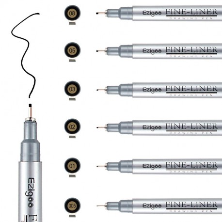 Ezigoo Rotulador Punta Fina para Bocetos, Dibujo Técnico, Documentos – Bolígrafos de Tinta Negra Puntas Variadas Pack de 6