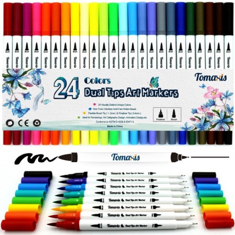 24 bolígrafos para colorear, punta de fieltro de 0,4 mm, rotuladores de punta doble, rotuladores de pincel, bolígrafos de dib