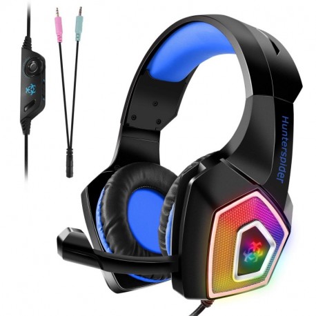 TENSWALL PS4 Auriculares gaming para PS4 o PC, Cascos Gaming con cable y LED, con sistema de control de volumen y cancelación