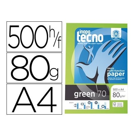 PAPEL RECICLADO A4 TECNO GREEN DE 80 GRS. 1 CAJA CON 5 PAQUETES DE 500 FOLIOS 