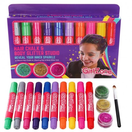 GirlZone Set DE 10 TIZAS para Pelo y 3 Botes DE Gel DE Brillantina para Cabello Pelo y Cuerpo Regalo para Chicas 3 Glitter Ge