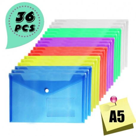 Carpeta Plastico A5 - 36 Unidades Carpetas Sistemas de Archivo Fundas de Plástico para Documentos con Botón, Varios Colores