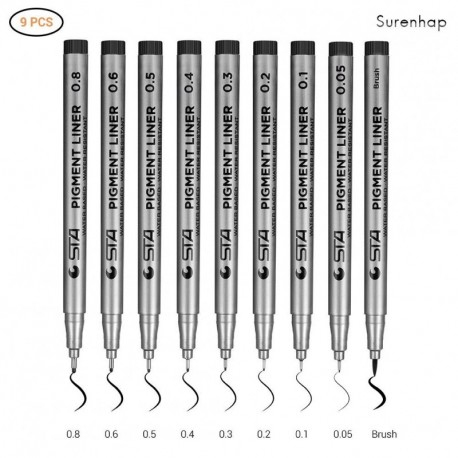 Surenhap 9 Pcs Bolígrafos De Tinta Fineliner Micro-Pen Negro-Tinta De Archivo a Prueba de Agua bolígrafos Micron Liner Punto 