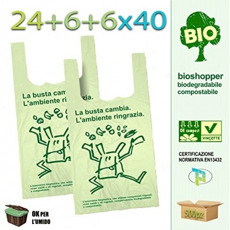Palucart® - 500 bolsas de compra biodegradables compostables de acuerdo con las directivas de 2018 24 + 6 + 6 x 40 cm 