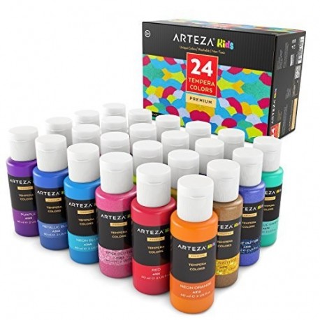 Pinturas para niños Arteza Kids en témpera - Set de 24 botes de pinturas al temple con colores brillantes, metálicos y lumini