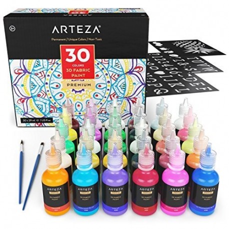 Caja de pinturas 3D permanentes Arteza - 30 colores individuales para pintar telas, tejidos, lienzo, madera, cerámica y crist