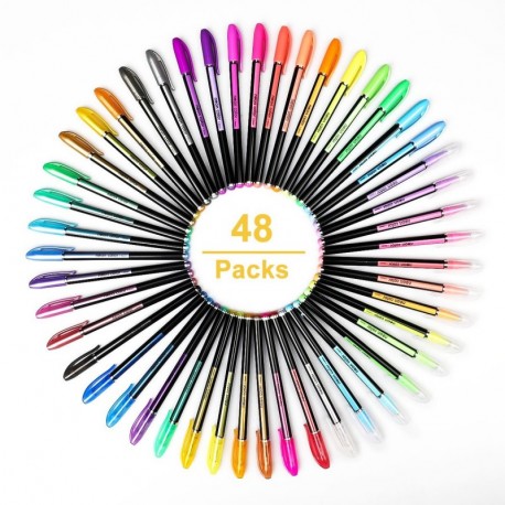 48 Colores Bolígrafos de Gel para colorear adultos - Incluye purpurina, metálico, neón y clásicos - Para scrapbooking, colore