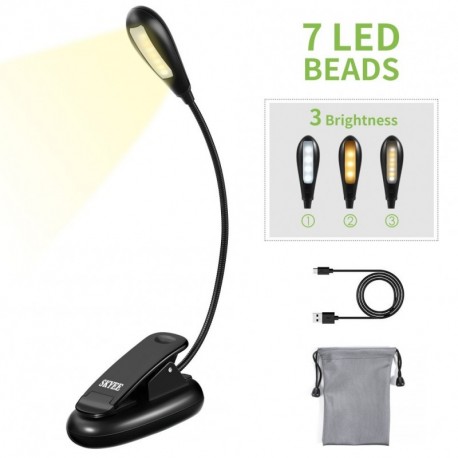 SKYEE Luz de lectura para Libro, Flexo de Pinza Recargable LED Lámpara Ebook 7 Luces LED 3 Niveles de Intensidad USB Cable de