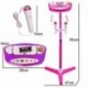 deAO Karaoke Infantil Dúo Conjunto de 2 Micrófonos con Soporte de Pie, Amplificador, Puerto Externo y Luces LED Rosa 