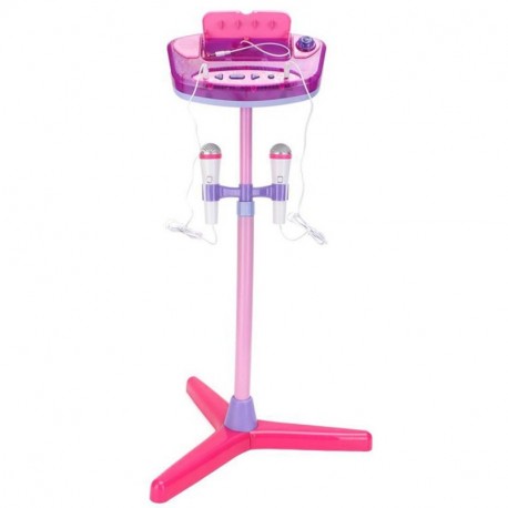 deAO Karaoke Infantil Dúo Conjunto de 2 Micrófonos con Soporte de Pie, Amplificador, Puerto Externo y Luces LED Rosa 