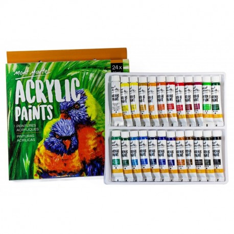 Mont Marte Set Pinturas Acrílicas para Cuadros, Trabajos Artísticos y Manualidades - Pack 24 Colores Fríos y Cálidos x 12ml -