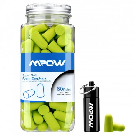 Mpow Tapón de Espuma 34dB Máximo NRR, 60 Pares con Estuche de Aluminio, para Protección Auditiva, Dormir, Roncar, Trabajo, Di