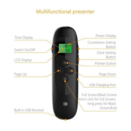Doosl Puntero Laser Presentaciones, Mando Inalámbrico para Presentación Powerpoint con Pantalla LCD y Temporizador - Batería 