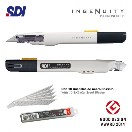 SDI - Pack Cutter Profesional de Alta Precisión SDI Ingenuity con 10 Cuchillas de Recambio Acero SK2+Cr. de 9mm / 30º. Ergonó