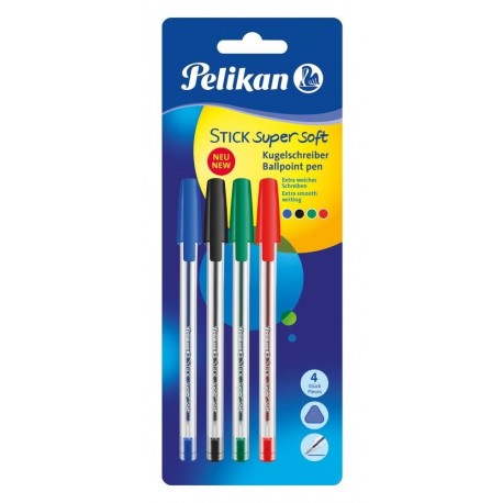 Pelikan 804585 Bolígrafo stick Super Soft, 4 unidades, color azul, negro, verde, rojo