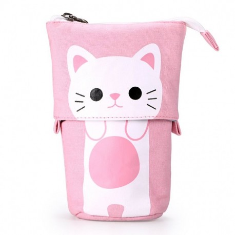 BTSKY Bolsa Estuche para Lápices Desplegable Hacia Bajado con Dibujo de Gato Encantador Bolso de Lápices Contráctil con Crema