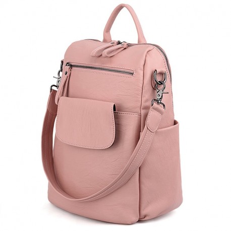 UTO Mujer Mochila Bolso 3 Formas PU Cuero Lavado Señoritas Bolsa de Hombro Rosa