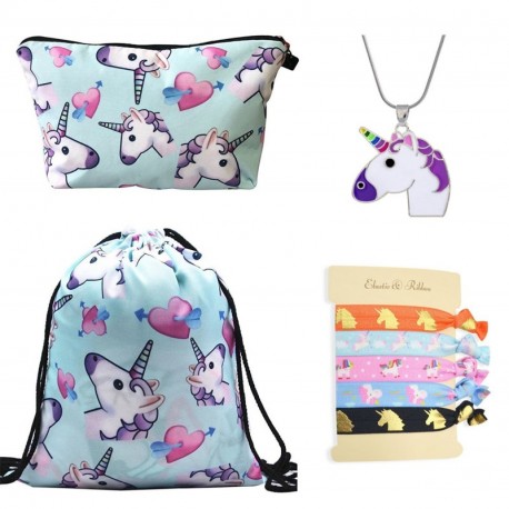 DRESHOW Unicorn Gifts for Girls 4 Pack - Unicornio Mochila con cordón/Maquillaje Bolsa/Collar Aleación Cadena/Lazos para el c