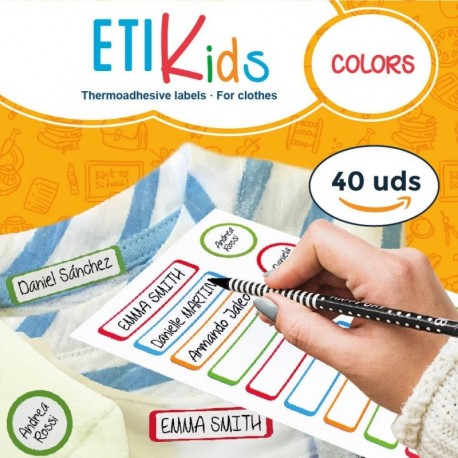 ETIKIDS 40 Etiquetas para planchar a la ropa personalizables para la guardería y colegio. color 