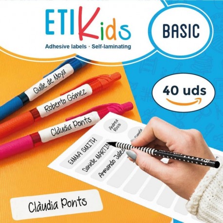 ETIKIDS 40 Etiquetas adhesivas laminadas personalizables basic para objetos excepto ropa para la guardería y el colegio.