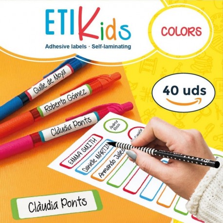 ETIKIDS 40 Etiquetas adhesivas laminadas personalizables color para objetos excepto ropa para la guardería y el colegio.