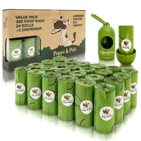 Peppo and Pets - Bolsas resistentes Biodegradables para recoger excrementos-caca de perro -Olor a lavanda- 24 rollos - 360 bo