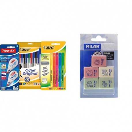 BIC 942147 - Estuche con 10 bolígrafos de colores, 5 marcadores y 2 correctores + Milan BMM9222 - Pack de 5 gomas de borrar