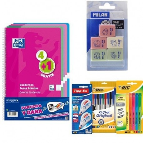 Oxford 400072719 - Pack de 5 Cuadernos + Milan BMM9222 - Pack de 5 gomas + BIC 942147 - Estuche con 10 bolígrafos, 5 marcador