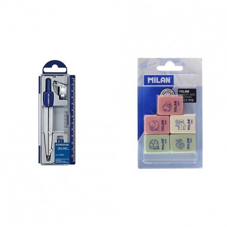 Staedtler - Set de dibujo: estuche, compás escolar, adaptador y tubo de minas + Milan BMM9222 - Pack de 5 gomas de borrar