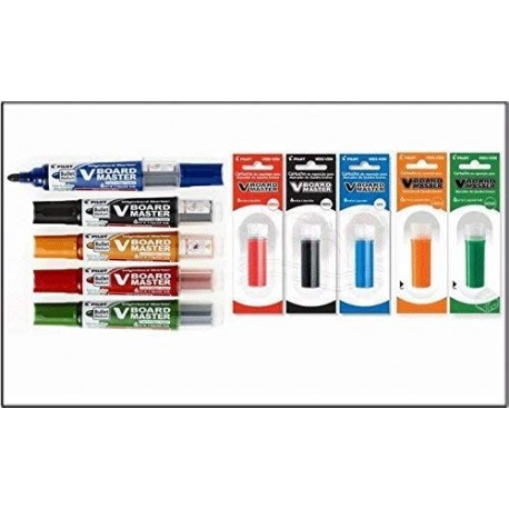 Pilot-5 Rotuladores para pizarras V Board Master + 5 recambios,colores Azul-Negro-Rojo-Verde y Naranja