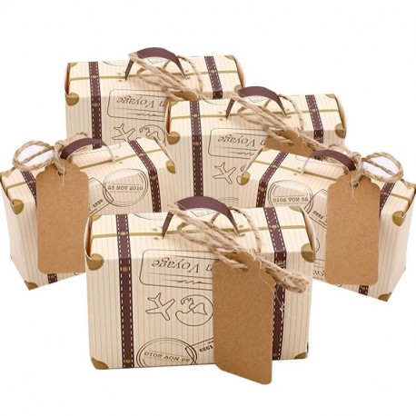 Faylapa 50 Sets maleta temática de viaje cajas de dulces Vintage bolsa de regalo de papel Kraft para fiesta temática de viaje