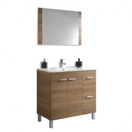 Sillatea Conjunto de baño Dandie - Mueble + Espejo + LAVAMANOS - melamina Nogal